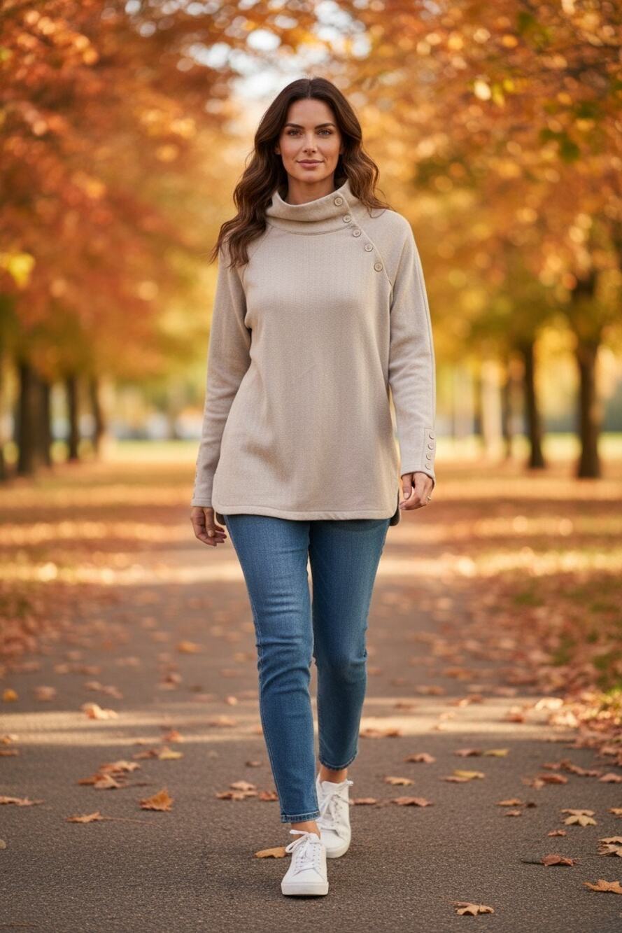 J.McLaughlin Marisa Funnel Neck Pullover in a tan herringbone fleece small